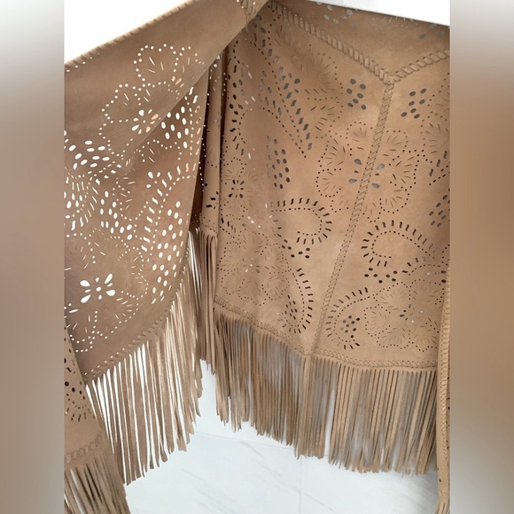Beige Tan Fringe Suede like Shawl Wrap - Picture 7 of 12
